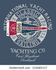 Classic vintage yacht  racing sailing regatta - vector print  for boy man shirt with applique embroidery patch