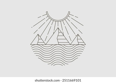 A classic vintage-inspired logo featuring mountains, waves, sun, and moon, capturing the harmonious interplay of earth, sea, and sky in elegant line art