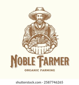 A classic vintage-style farmer emblem logo featuring a farmer holding a basket of fresh vegetables