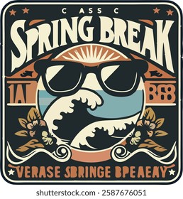 A classic vintage-style Spring Break logo with a retro font, ocean waves, and cool sunglasses for a nostalgic and timeless look.