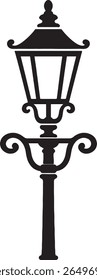 Classic vintage-style street lamp in black silhouette. Features ornate design elements and clean vector lines. Ideal for retro icons, decor art, or architectural illustrations