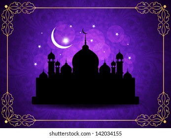 Classic violet color religious eid background with mosque. vector illustration