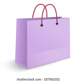 Classic violet paper shopping bag with red rope grips isolated on white background. View from one side.