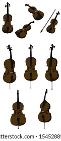 Classic violin, alt, cello, double bass and bow vector isolated on white background, different angles