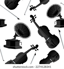 Klassische Violine und handgezeichnete Bogenvektorgrafik im Flachstil. Musikinstrumente nahtloses Muster für Gewebe oder Tapeten