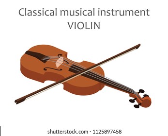 Classic violin with bow. Vector illustration of brown viola in flat style isolated on white background. Stringed musical instrument. Concept of music and entertainment. 