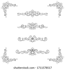 Ornamentos vectoriales clásicos enmarcan elementos separadores para la invitación clásica a bodas antiguas