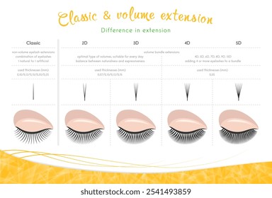 Extensões clássicas e de volume dos cílios, comparação, tipos de feixes, olhos com cílios sobre um fundo branco