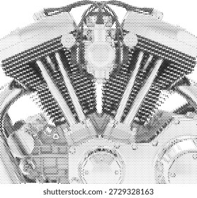 Classic V-twin motorcycle engine in halftone duotone style for industrial and biker designs