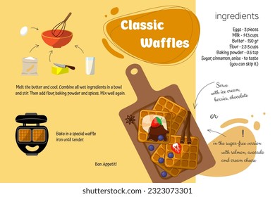 Classic waffle recipe. Home cooking book. Step-by-step instruction. Cooking is easy