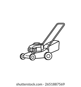 Um cortador de grama clássico com um estilo de arte de linha simples. Um ícone minimalista para serviços de paisagismo, cuidados com o gramado ou blogs de jardinagem.