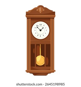 Relógio de parede clássico com pêndulo. Ícone de vetor de relógio vintage ou clipart para design ou decoração de interiores time home. Patrimônio de oscilação mecânica ou cronometragem antiga. Horologia da casa.