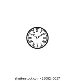 A classic wall clock with Roman numerals hanging against a plain background showing the time in a minimalistic style