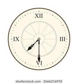 Classic Wall Clock with Roman Numerals Shows 07.30, vector illustration isolated on white background, eps