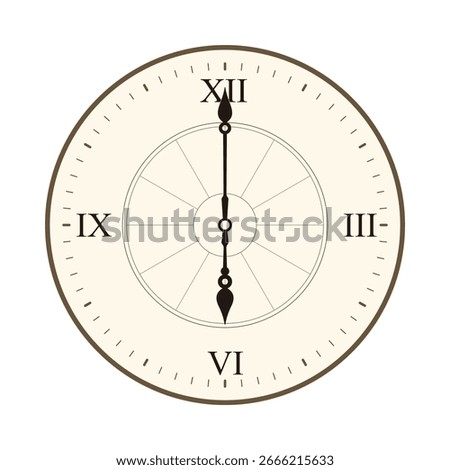 Classic Wall Clock with Roman Numerals Shows 6 o'clock, vector illustration isolated on white background, eps