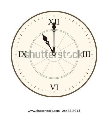 Classic Wall Clock with Roman Numerals Shows 11 o'clock, vector illustration isolated on white background, eps
