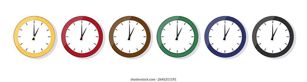 Plantilla de reloj de pared clásica con las manos. Diseño plano simple de la esfera con las manos. Imágenes vectoriales.