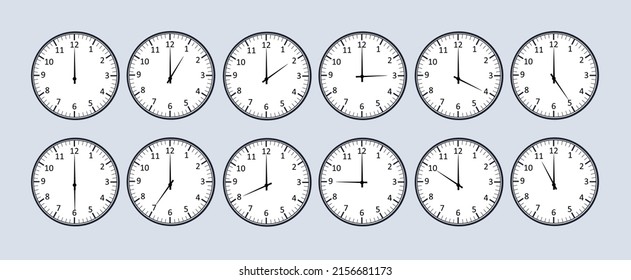 Classic wall clock template. Simple black and white dial with hands. Vector image.