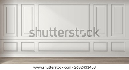 Classic wall panel arrangement with decorative molding frames for elegant interior design. White rectangular panels with raised borders and shadow effects. Traditional formal rooms wainscoting style