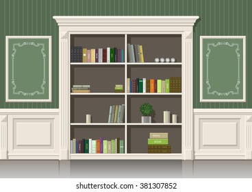 Classic wall panels and a bookcase in an interior room, vector graphics