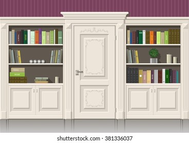 Classic wall panels and a bookcase in an interior room, vector graphics