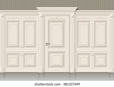 Classic wall panels and doors in the interior of the room, vector graphics