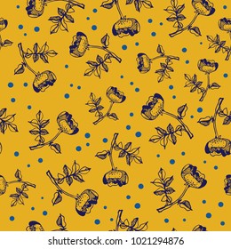 Classic wallpaper seamless vintage flower pattern on yellow background. Seamless Floral Pattern in vector. Hand drawn roses