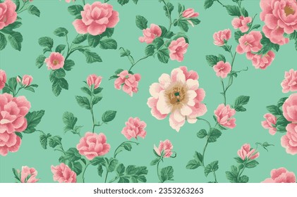 classic wallpaper seamless vintage flower pattern on green background. seamless beautiful flower illustration pattern