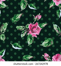 Classic wallpaper seamless vintage flower pattern with roses on polka dot background