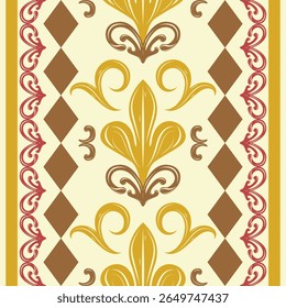 Classic Warm Autumn Banquet Golden Flourish Fleur de lis Traditional Scroll Ornament Geometric Combine Seamless Pattern Border. Yellow Red Brown Theme for Elegance Luxury Decoration Embroidery Scarf 