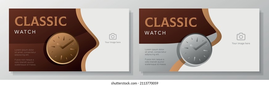 Classic watch banner template set, wrist clock advertisement, timepiece business ad, flyer, leaflet, isolated.