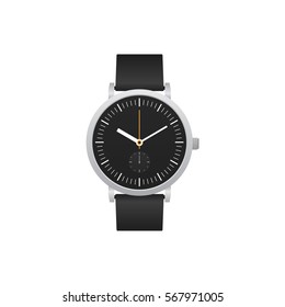 Classic watch with black leather strap isolated on white background, vector illustration