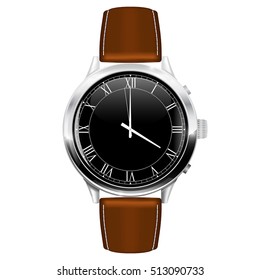 Classic watch with brown leather strap. Vector illustration isolated on white background