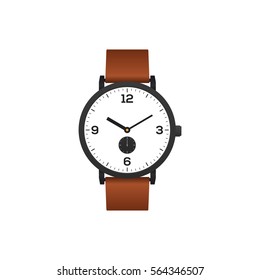 Classic watch with brown leather strap isolated