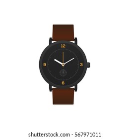 Classic watch with brown leather strap isolated on white background, vector illustration