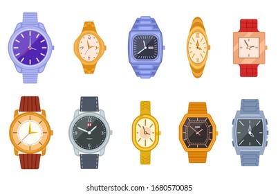 Un reloj clásico. relojes de muñeca, reloj de mujeres. Cronógrafo masculino costoso de moda aislado. Conjunto vectorial unisex plano