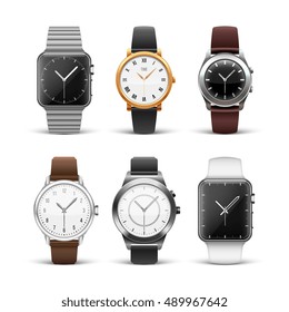 Classic watches isolated on white vector set. Wristwatch silver and gold illustration