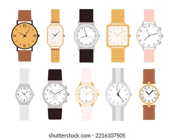 Relojes clásicos, diseño antiguo de reloj retro. Hombre mujer reloj de pulsera estilo antiguo. Reloj vintage de dama aislada con cara y números de reloj dorado, iconos vectoriales de racy