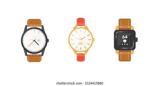 Classic watches set of vector icons. Watch for businessman, smartwatch and fashion clocks collection.