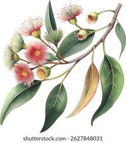 Ilustração clássica do vetor retro botânico da flor da goma de eucalipto da aquarela