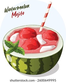 Classic Watermelon Mojito with Scooped Watermelon, Ice, Straw and Mint Leaves. Isolated Summer Party Beverage Graphic.