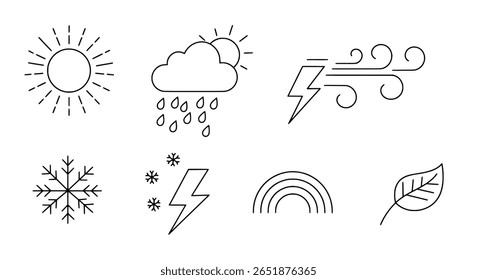 Um clássico conjunto de ícones da linha do tempo. Uma coleção simples de símbolos de previsão, incluindo sol, nuvens, chuva e relâmpagos para web design.