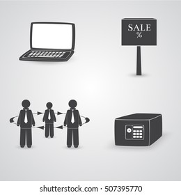 Classic Web Icons on Business Theme. Set of Four Icon with Laptop, Sale Plate, Strongbox and People. Vector EPS 10