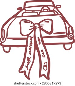 Classic wedding getaway car decorated with ribbon and gift, illustrated in an elegant hand drawn style. Perfect for wedding invitations, celebration graphics, planners, greeting cards, and romantic branding.