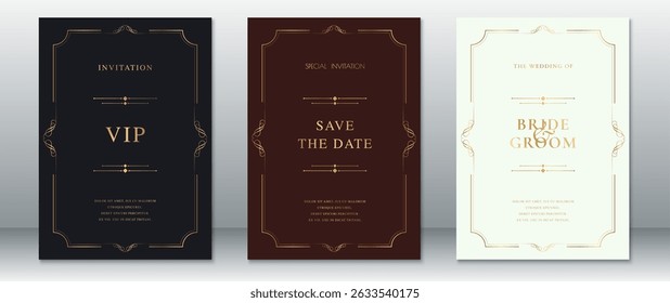 Classic wedding invitation card set featuring elegant vintage frames in gold. Includes VIP, Save the Date, and Bride and Groom designs in black, brown, and ivory tones. 
