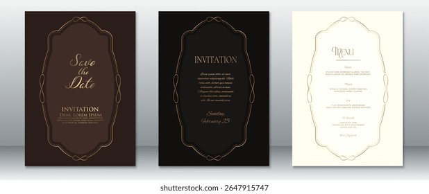 Classic wedding invitation and menu card templates designed with elegant gold frames on dark brown, solid black, and light cream backgrounds. Perfect for formal, vintage, or luxurious wedding events