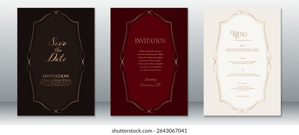 Convite de casamento clássico e conjunto de menu projetado com quadros dourados graciosos em fundo marrom escuro, vermelho profundo e creme macio. Perfeito para temas de casamento tradicionais, luxuosos e formais.