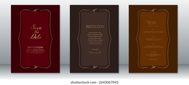 Convite de casamento clássico conjunto com quadros decorativos dourados em borgonha, marrom escuro, e fundo de cor de café. Ideal para celebrações vintage, rústicas e formais.