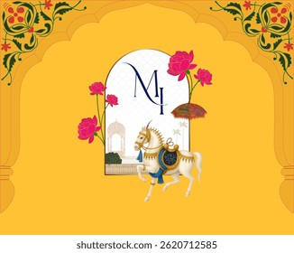 Classic wedding logo with horse, MH letters, and rose decor.