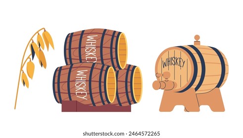 Barriles De Whisky Clásico Y Grano. Conjunto De Vectores Para Proyectos Relacionados Con Bebidas, Destilerías Y Configuraciones De Bar Rústico